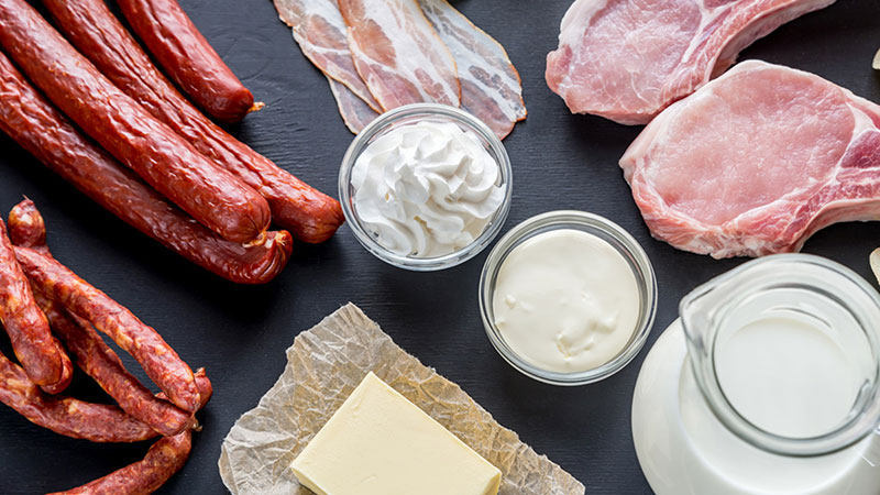 Types of fats including fresh meat, smoked meat, cream, butter, milk and yogurt